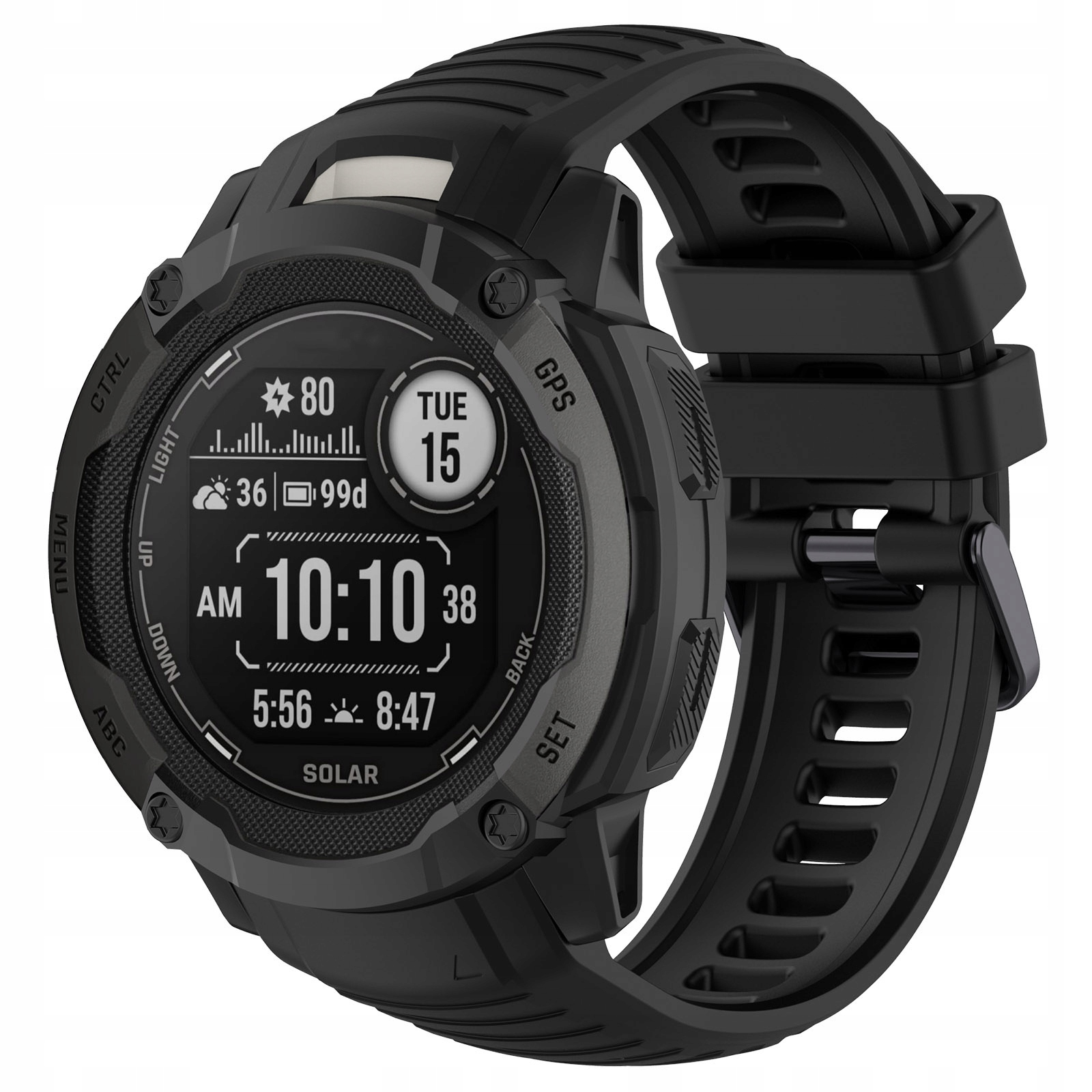 Czarny smartwatch z cyfrowym wyświetlaczem pokazującym czas, datę i pogodę.