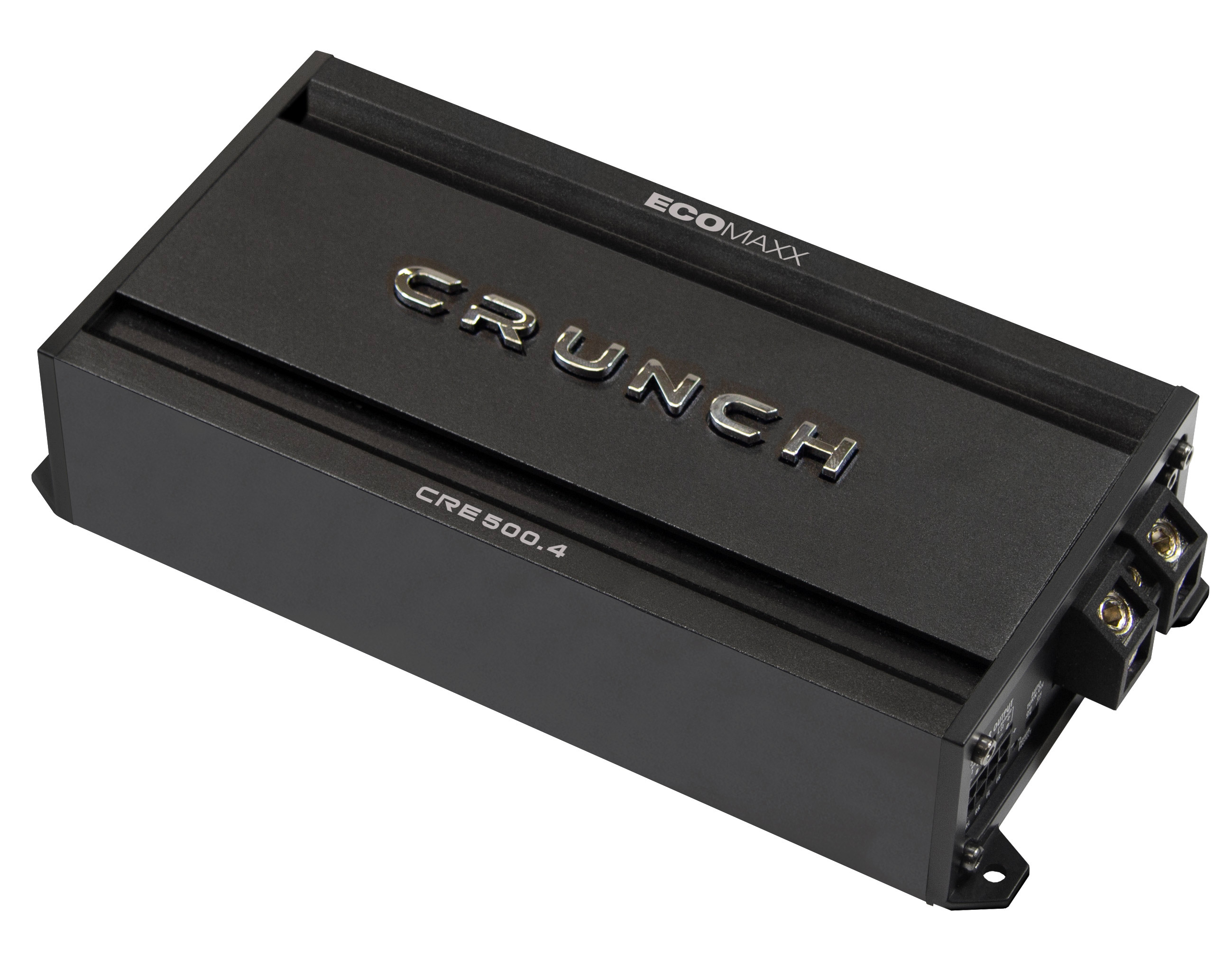Ein schwarzer Auto-Verstärker mit dem Namen CRUNCH und ECOMAXX.