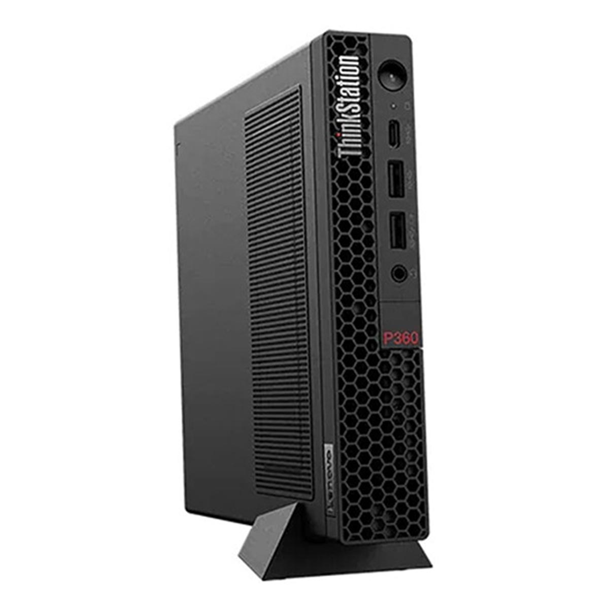 Czarny komputer stacjonarny Lenovo ThinkStation P360 stoi pionowo na czarnej podstawie.