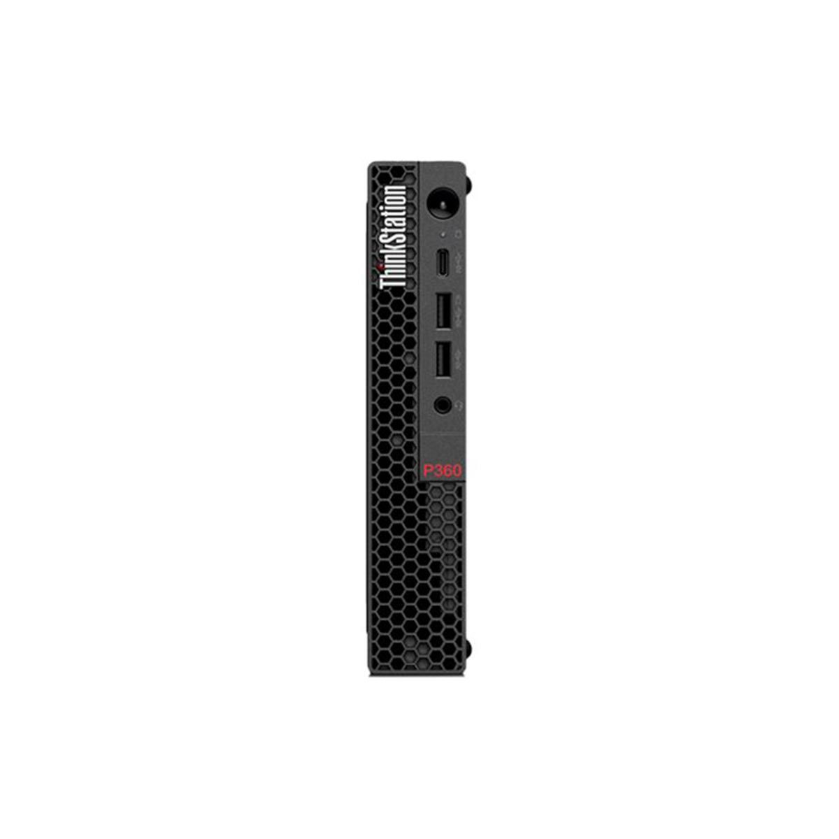 Kompaktowy czarny komputer stacjonarny Lenovo ThinkStation P360 z portami z boku.