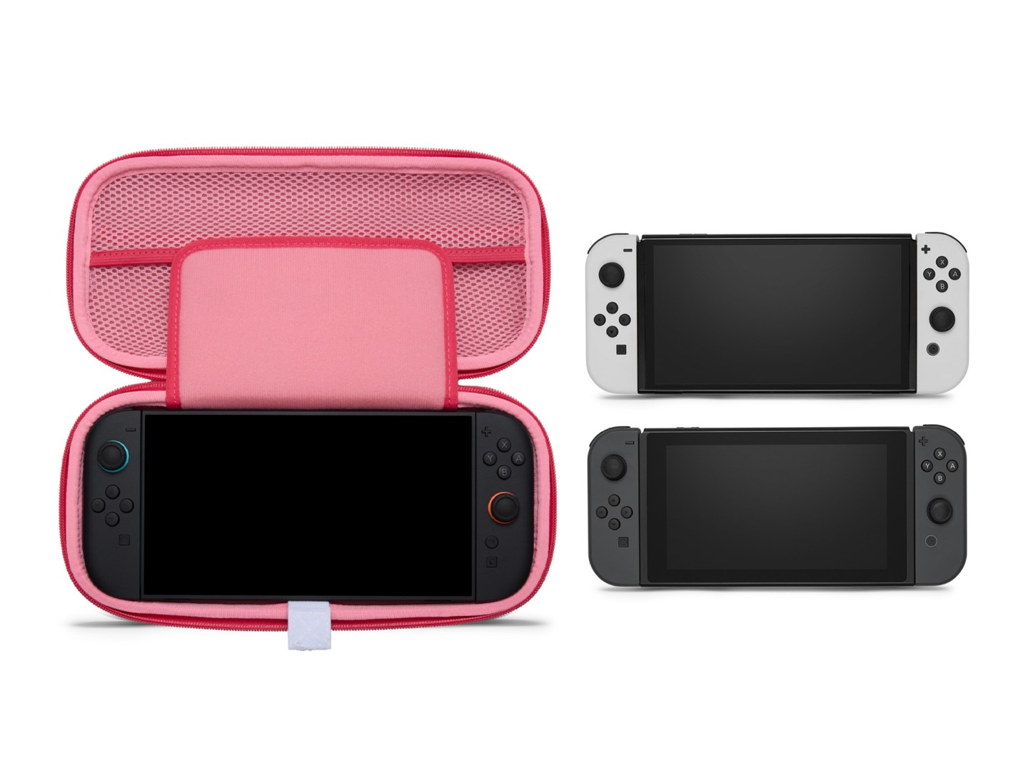 Różowe etui z czarnym Nintendo Switch. Dwa kolejne Switche leżą obok.
