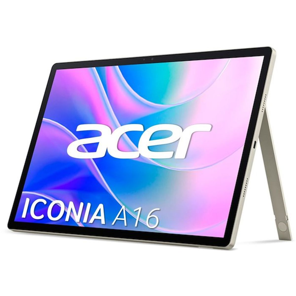 Ein Acer Iconia A16 Tablet mit modernem Hintergrund und integriertem Ständer.