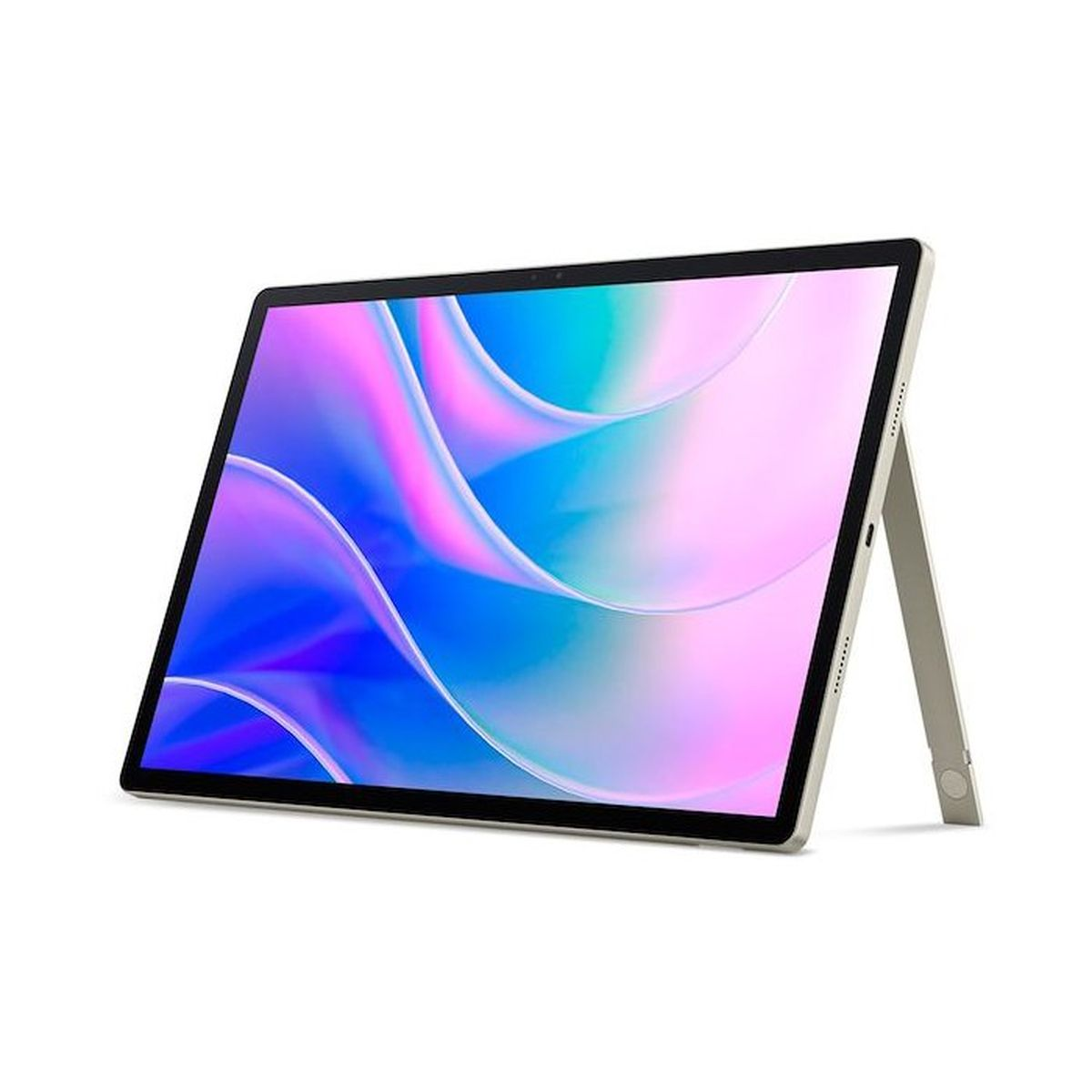 Ein silbernes Tablet mit einem bunten Hintergrund auf dem Bildschirm steht auf einem Ständer.