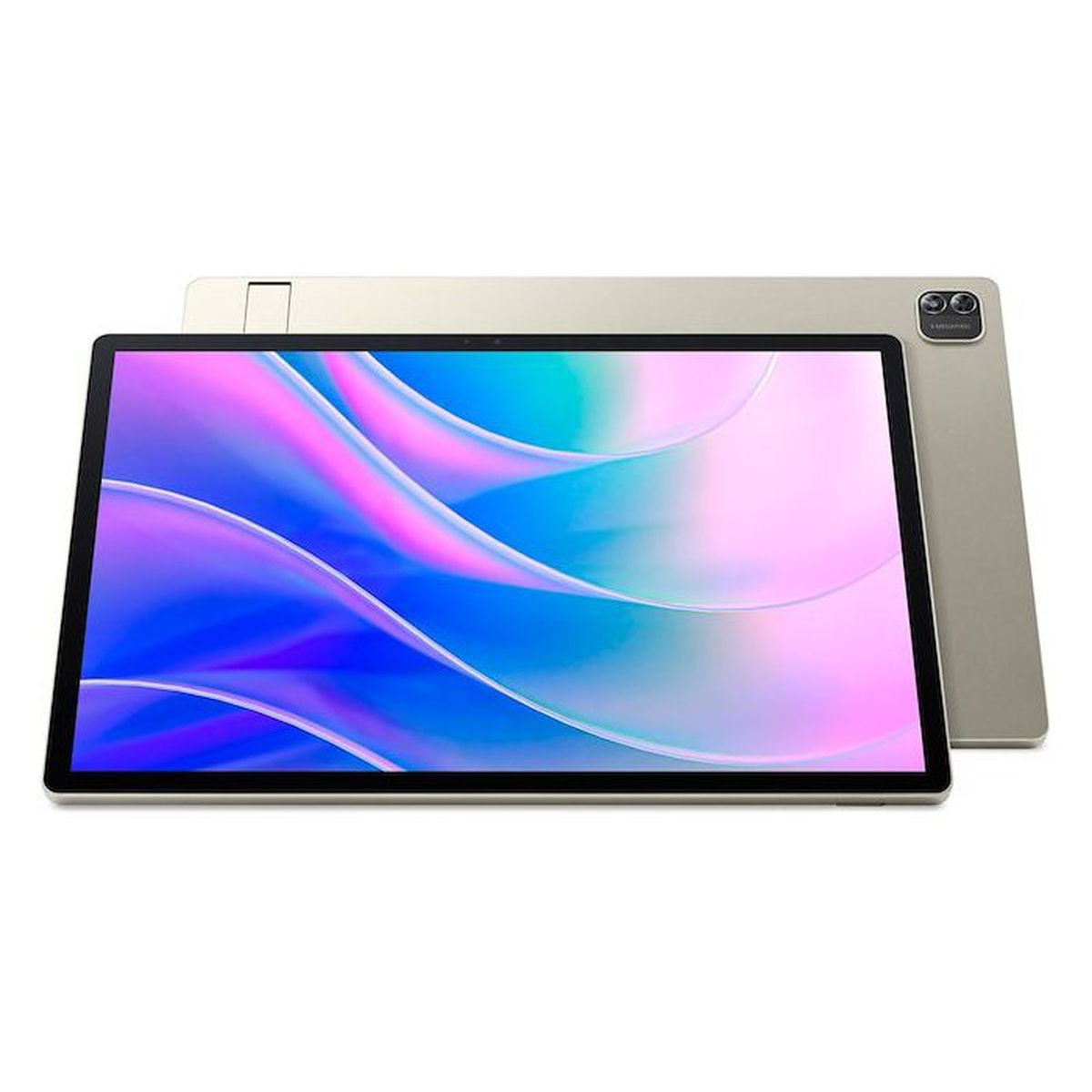 Ein silbernes Tablet mit einem bunten, abstrakten Hintergrundbild. Hinten ist ein weiteres Tablet.