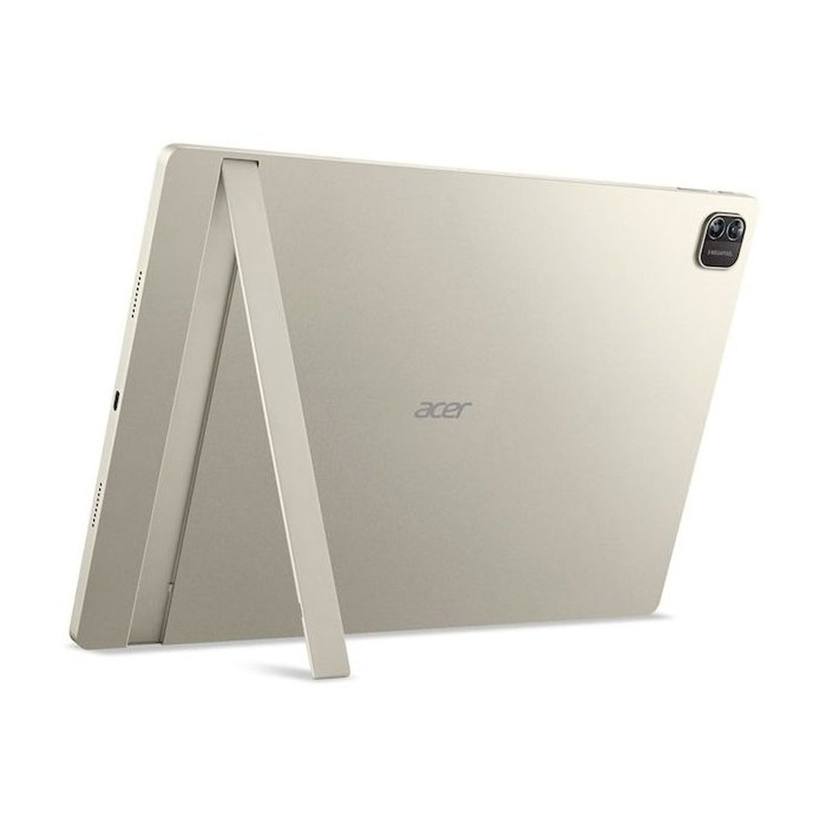 Ein silbernes Acer Tablet mit integriertem Ständer im Querformat auf weißem Hintergrund.