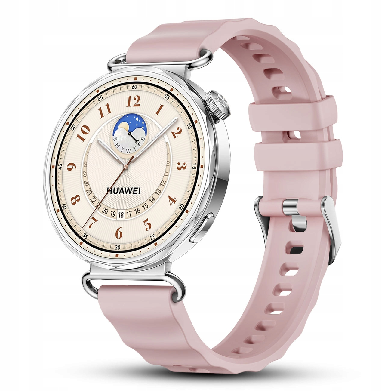 Różowy smartwatch Huawei z okrągłą tarczą i wskaźnikiem faz księżyca.
