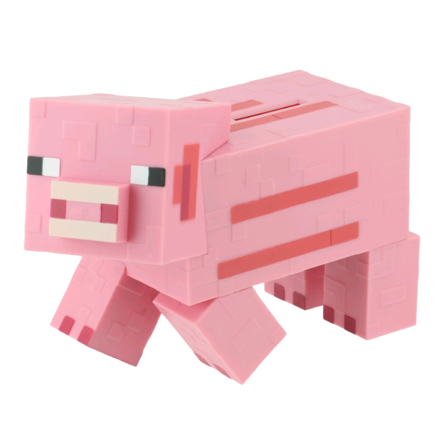 Eine rosafarbene Minecraft-Schwein-Spardose mit schwarzen und weißen Augen.