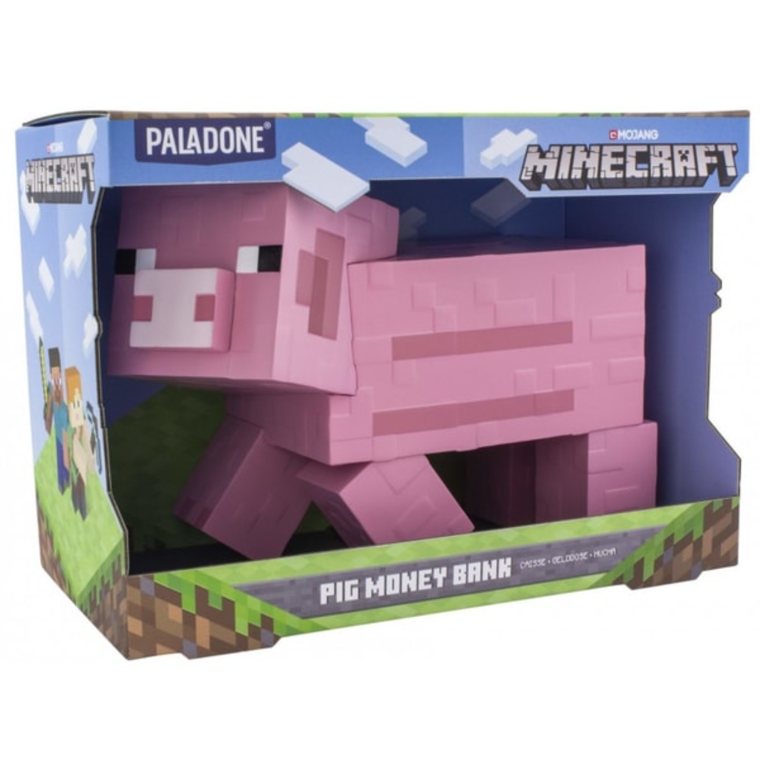 Minecraft Schwein Geldkassette: Eine pinke Minecraft-Schwein-Geldkassette in ihrer Verpackung.