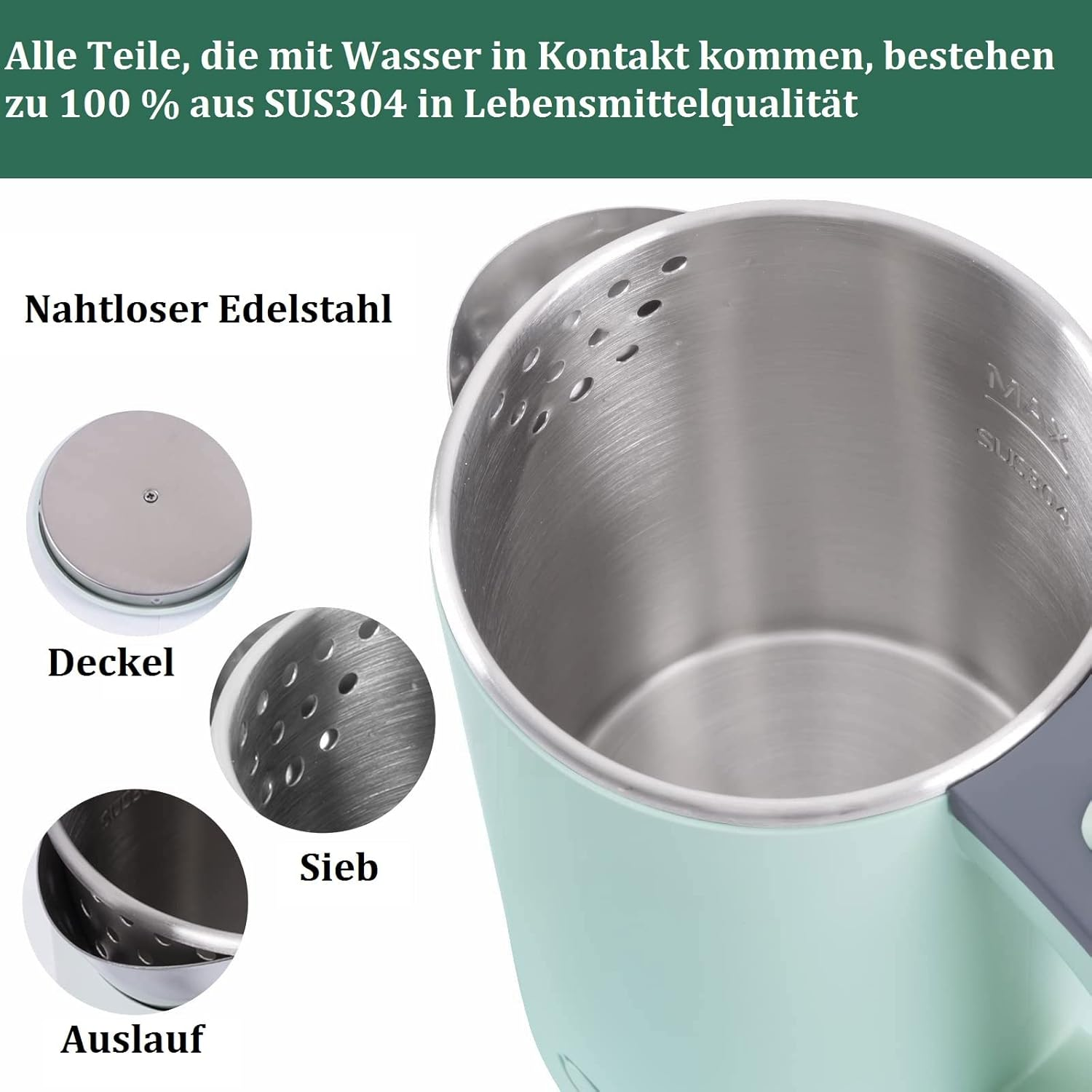 Ein mintgrüner Wasserkocher mit Nahaufnahmen von Deckel, Sieb und Auslauf.