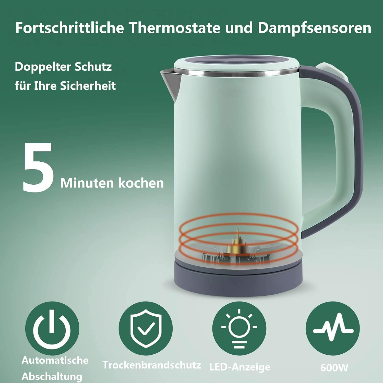Ein hellgrüner Wasserkocher mit dunkelgrauem Griff und Sockel. Mit Text und Symbolen.