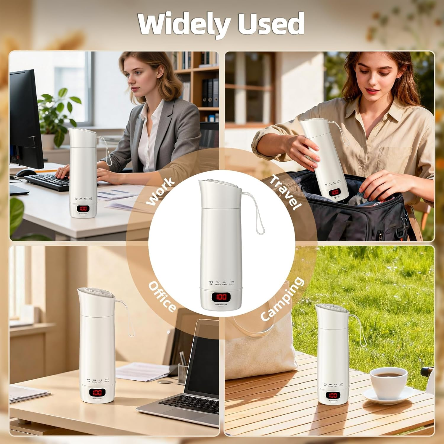 Ein weißer Wasserkocher mit digitaler Anzeige wird gezeigt im Büro, auf Reisen, im Freien.