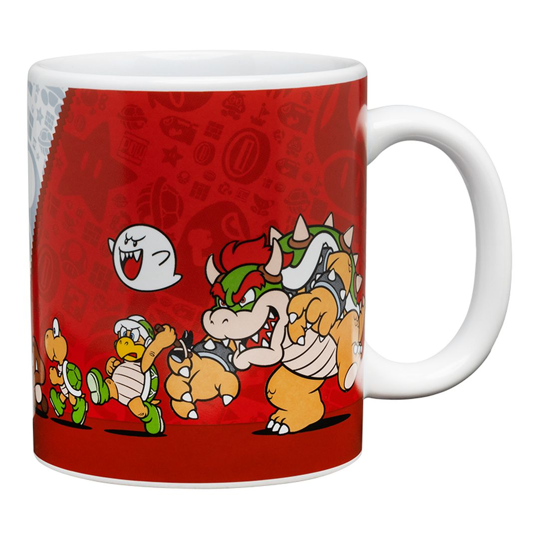Czerwony kubek z postaciami Mario: Bowser, duch i Koopa Troopa.