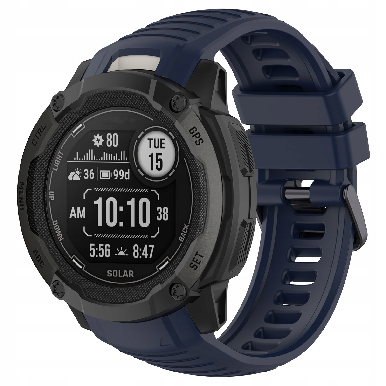 Ciemnoniebieski smartwatch z czarną obudową i cyfrowym wyświetlaczem.