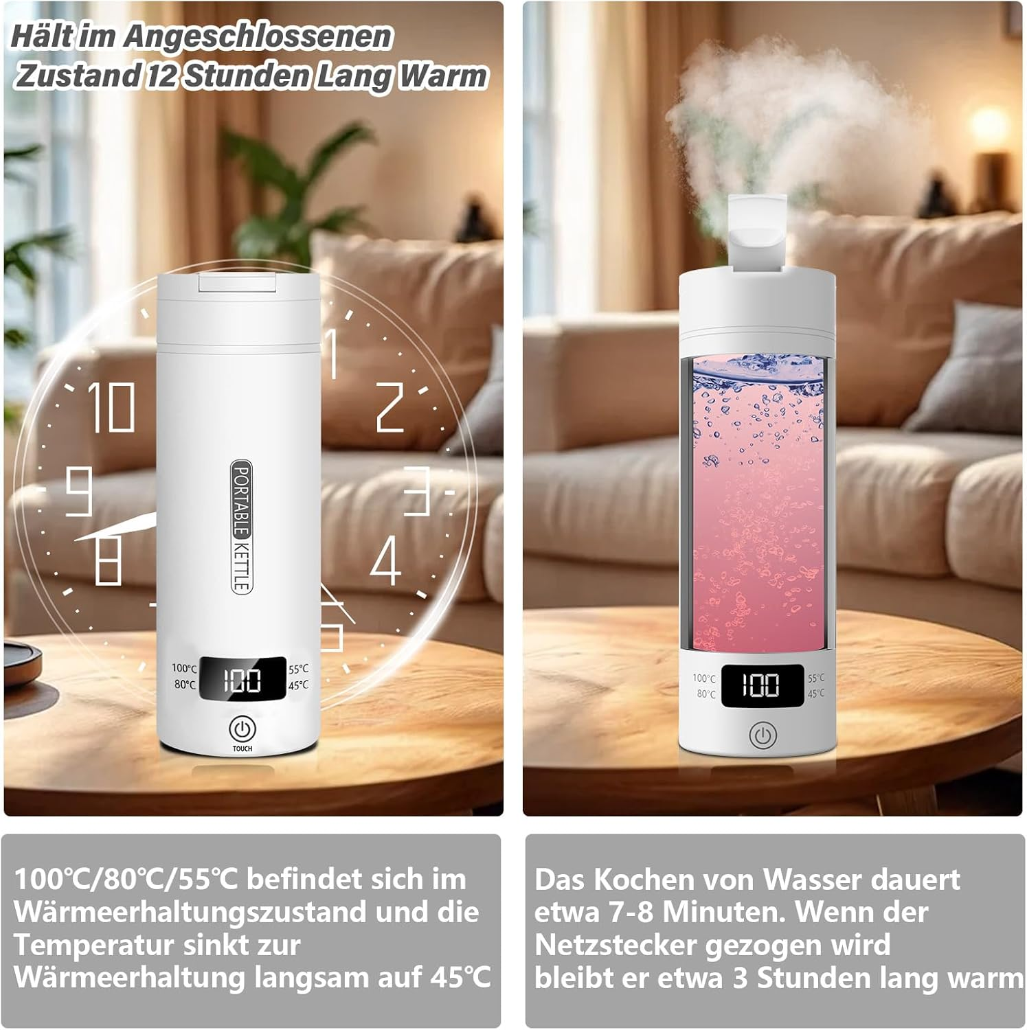 Zwei tragbare Wasserkocher, einer zeigt Temperatur, der andere kocht.