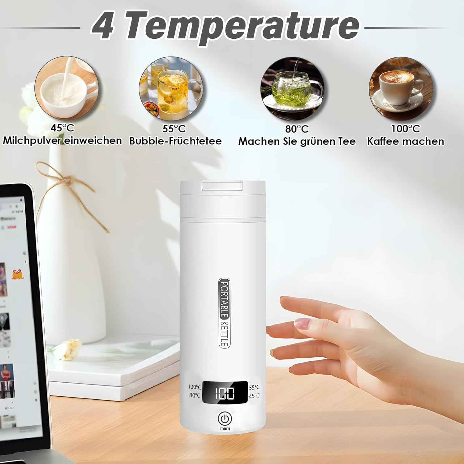 Ein weißer tragbarer Wasserkocher mit Temperaturanzeige und vier Getränkebeispielen.