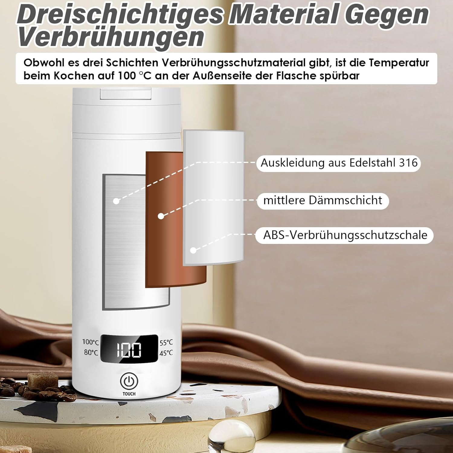 Ein weißer Thermobecher mit Schichtenanzeige: Edelstahl, Dämmschicht, ABS-Schale. Zeigt 100°C an.