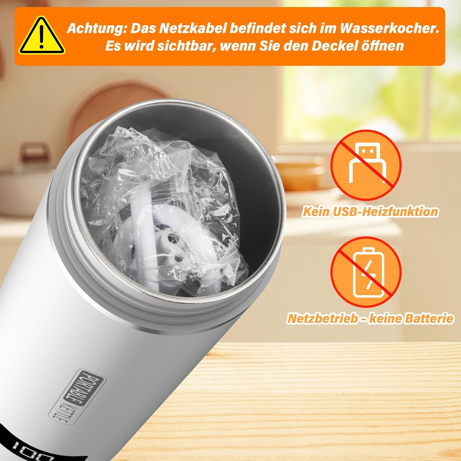 Warnung: Netzkabel im Kocher. Kein USB-Heizen, nur Netzbetrieb.
