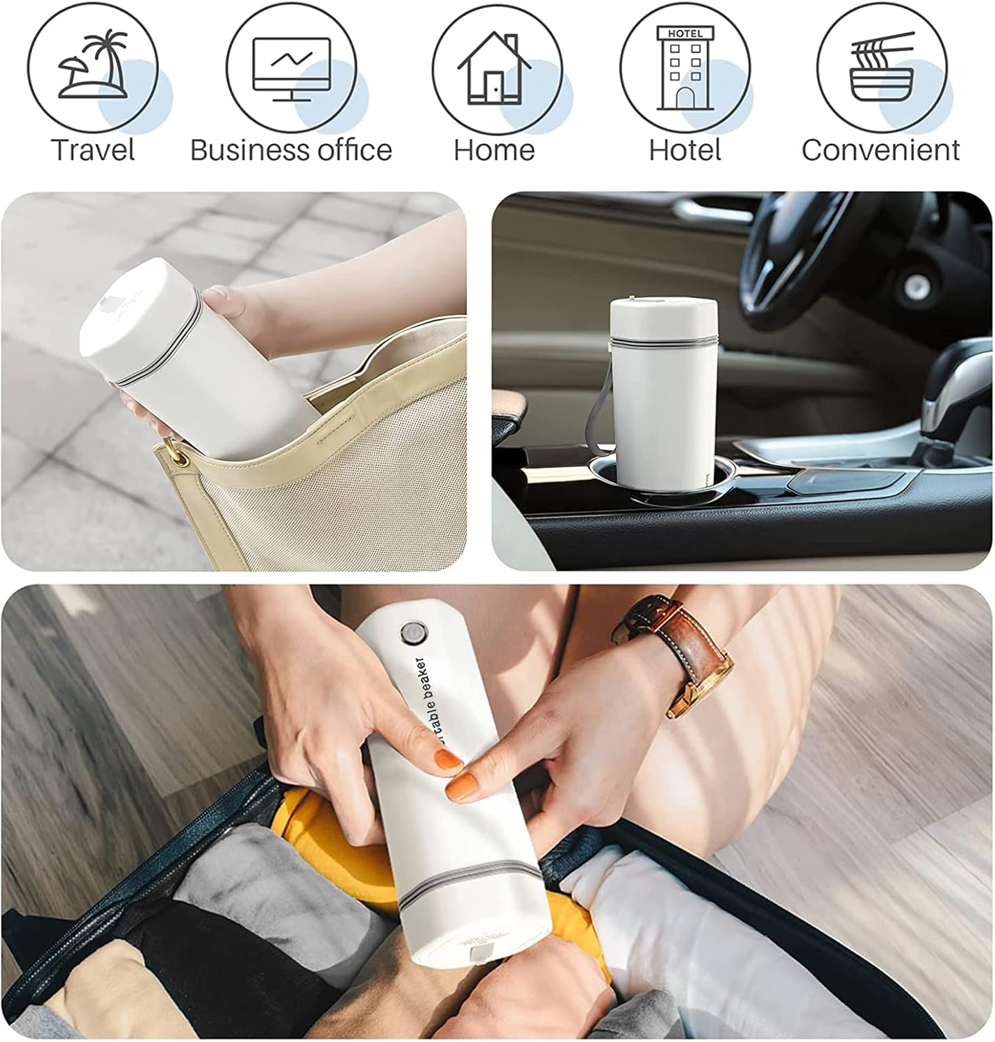 Weiße Thermoskanne wird in eine Tasche gesteckt, im Auto platziert und in einen Koffer gepackt.