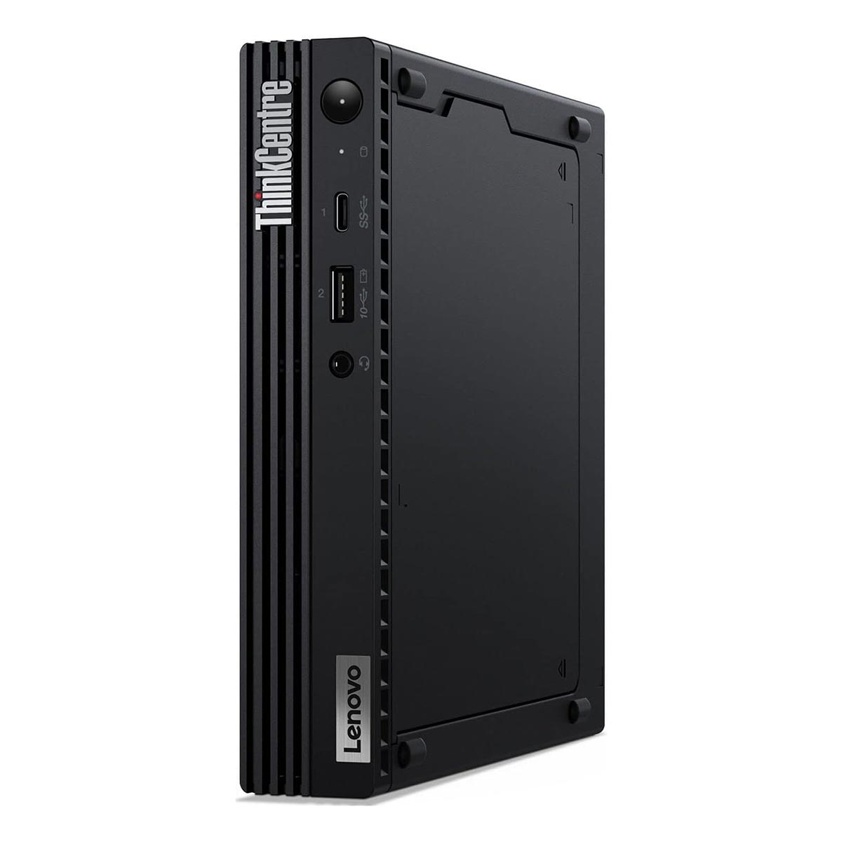 Czarny mini komputer Lenovo ThinkCentre z portami z boku.