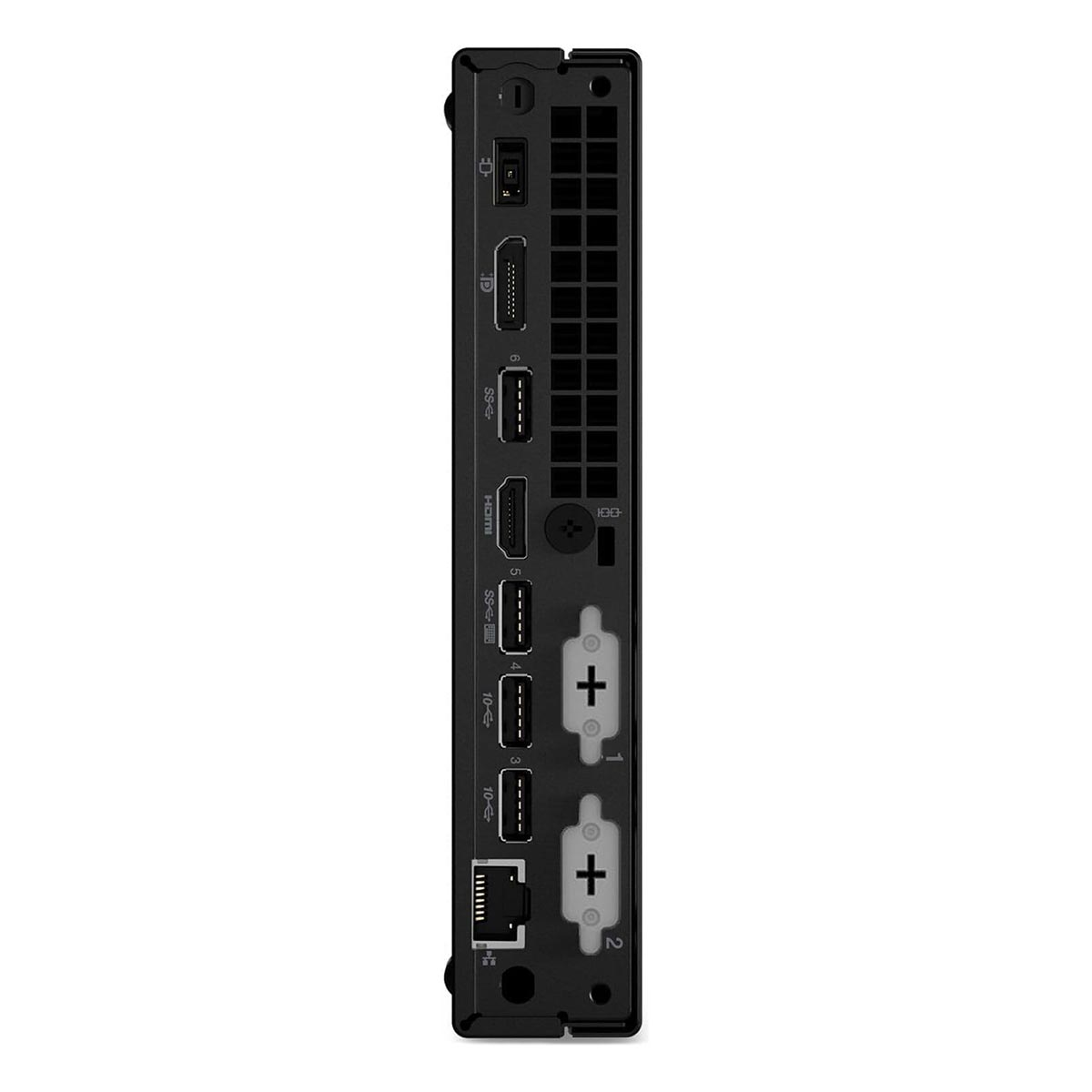 Tył małego czarnego komputera z portami: DisplayPort, HDMI, USB i Ethernet.