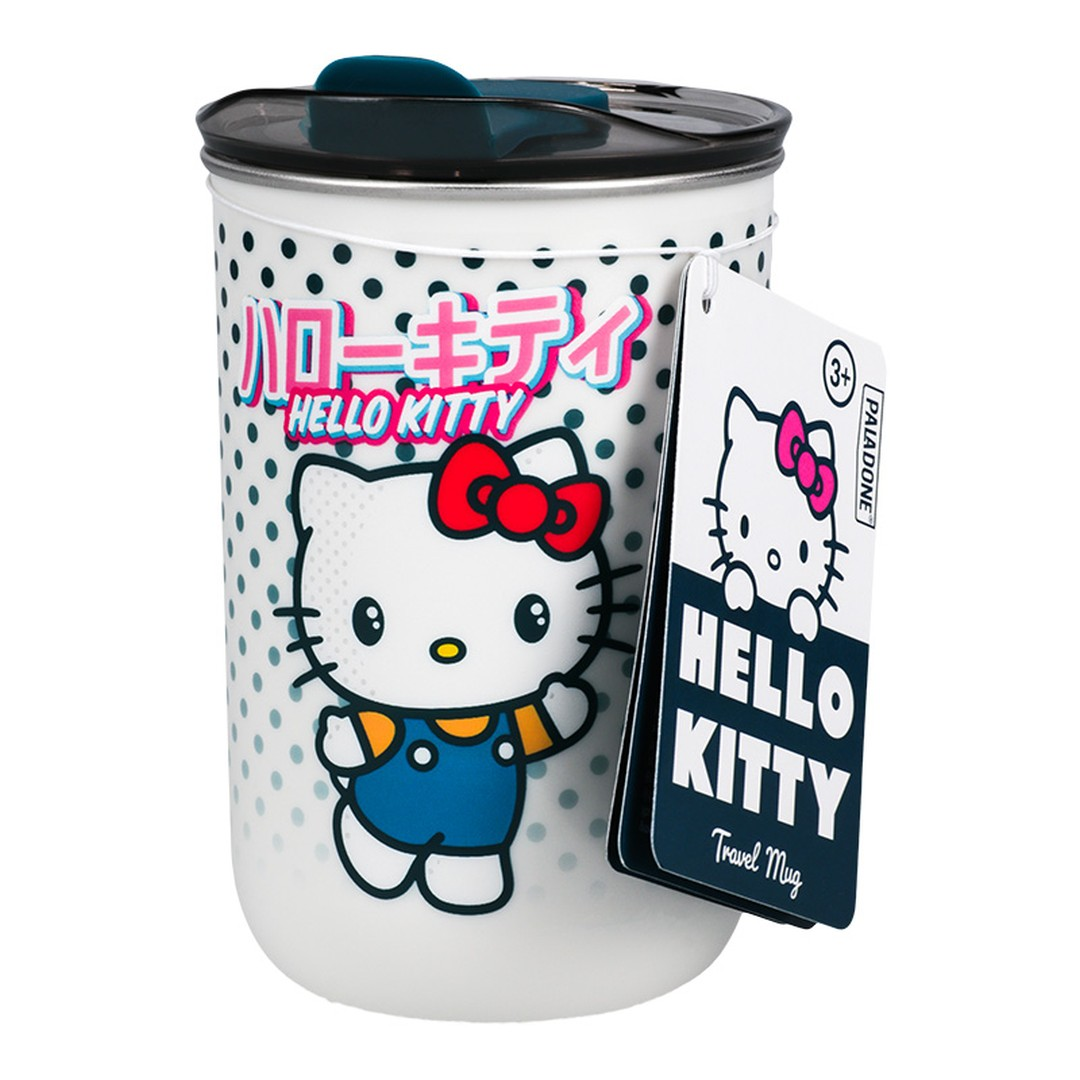 Kubek podróżny Hello Kitty z motywem kawaii i japońskimi znakami.
