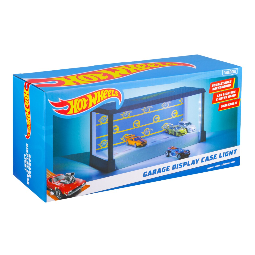 Lampka ekspozycyjna garaż Hot Wheels z samochodzikami i oświetleniem LED.
