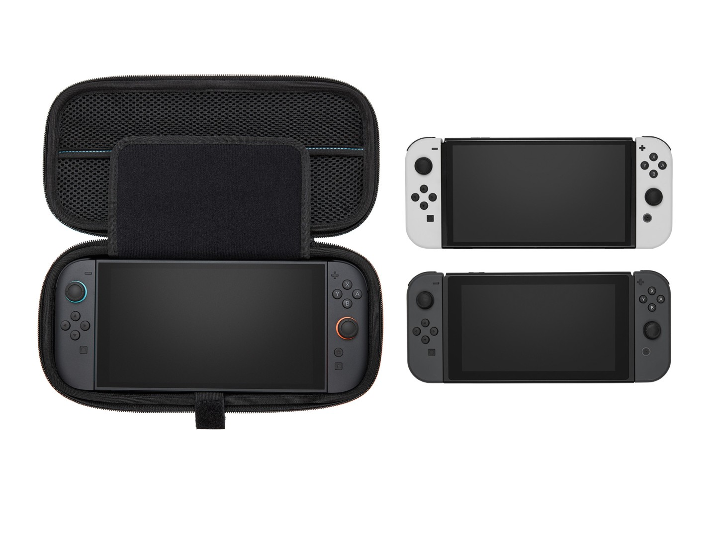 Otwarta czarna torba Nintendo Switch z konsolą w środku. Dwie konsole, biała i szara, są wyświetlane osobno.