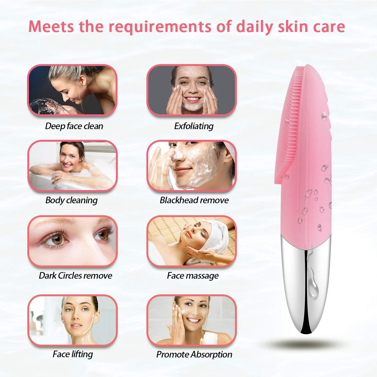 Collage zeigt Hautpflegevorteile: Tiefenreinigung, Peeling, Körperreinigung, Mitesserentfernung, Gesichtsmassage, Facelifting, Augenringeentfernung, Absorption fördern, und ein pinkes Gerät.