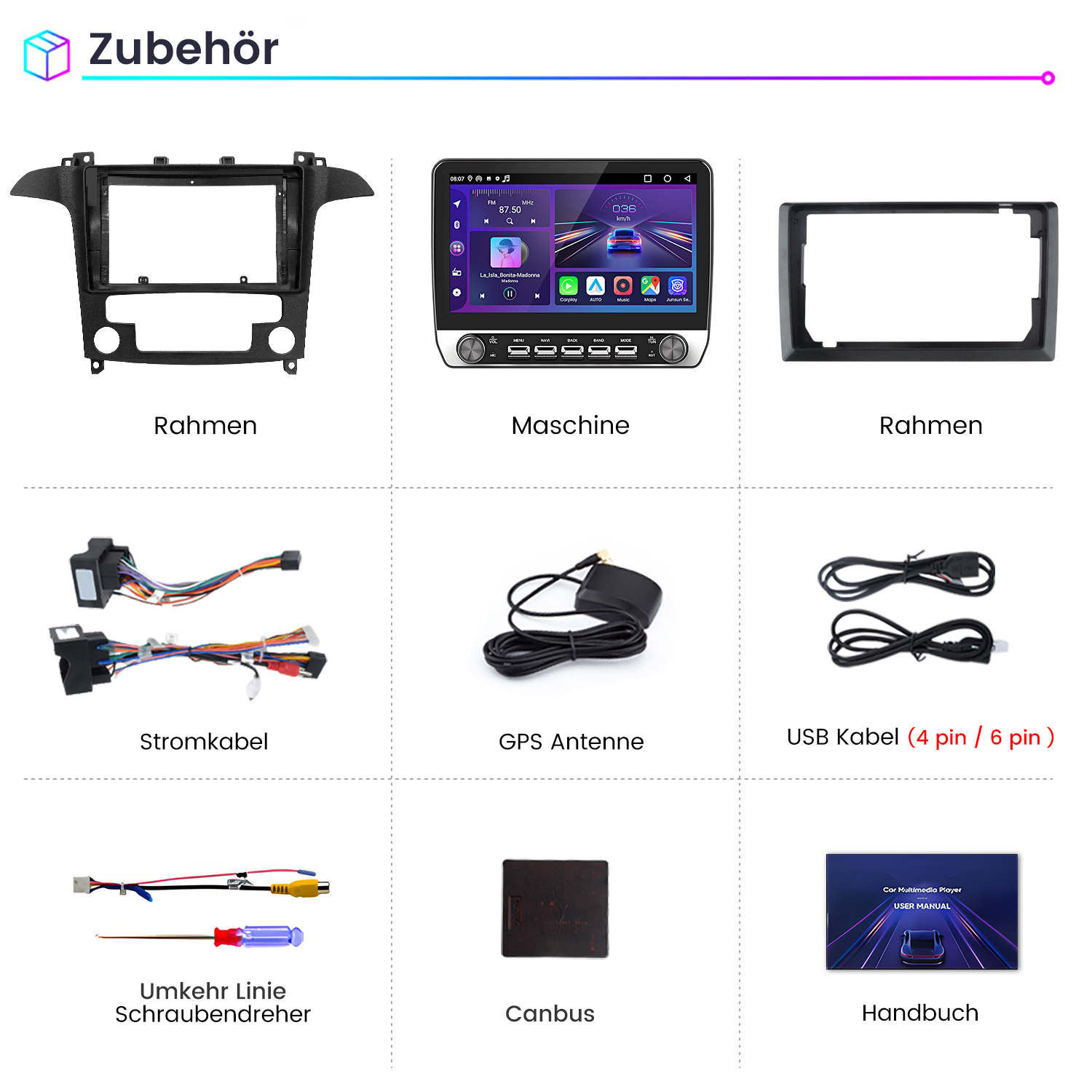 Neun Zubehörteile für Autoradios: Rahmen, Maschine, Kabel, Antenne und Handbuch.