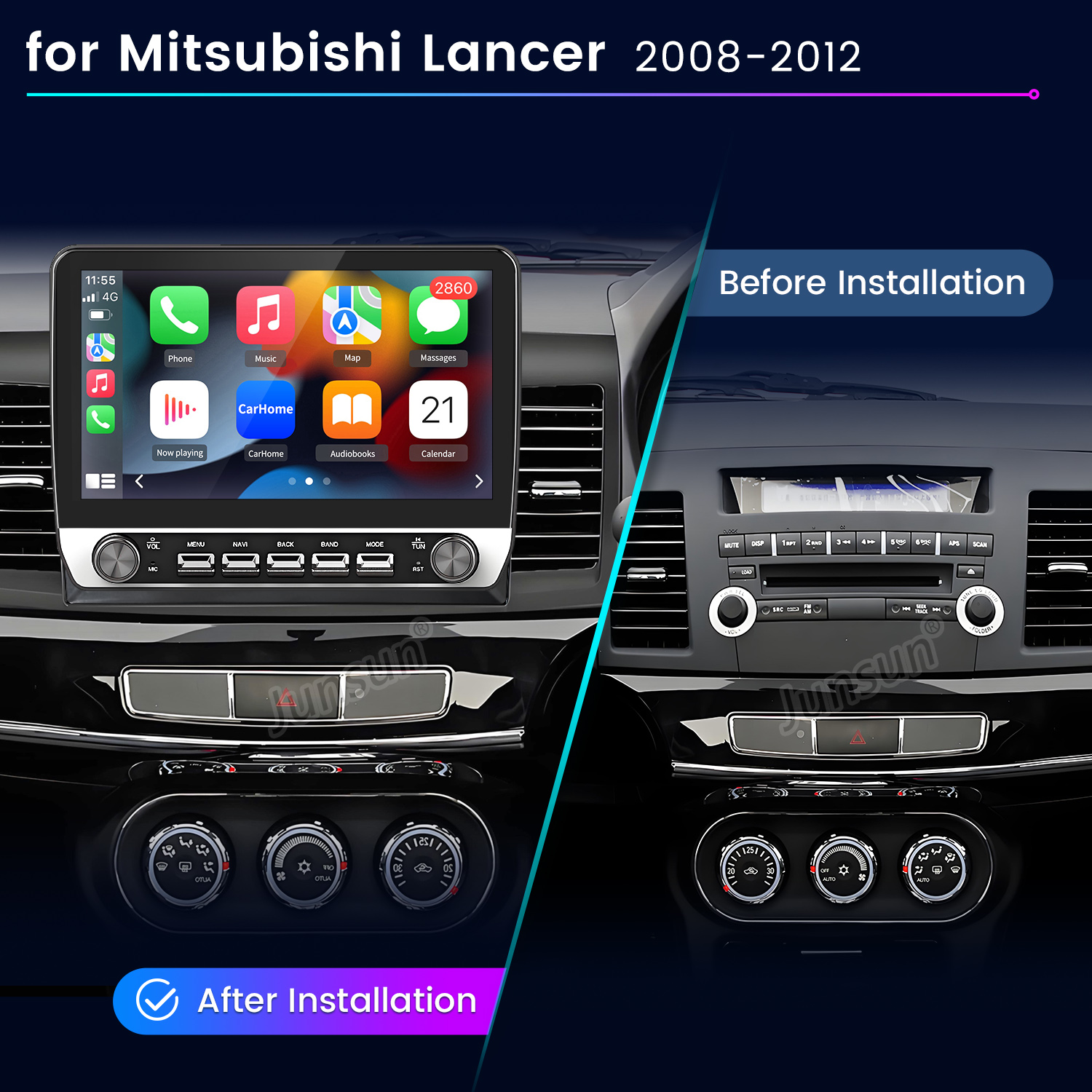 Comparación antes y después de una radio de coche Mitsubishi Lancer.