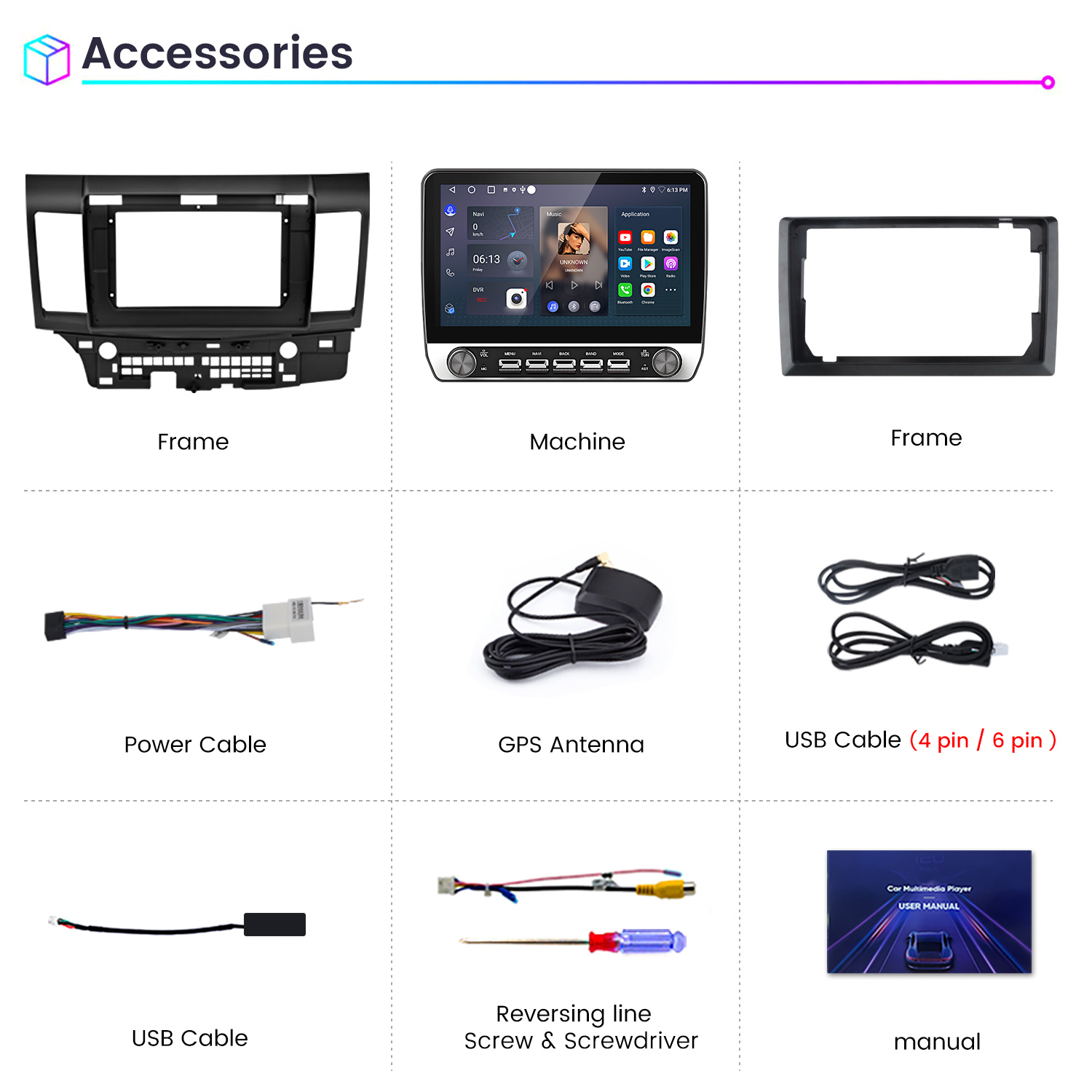 Varios accesorios para coche: marcos, máquinas, cables, antena, destornillador y manual.