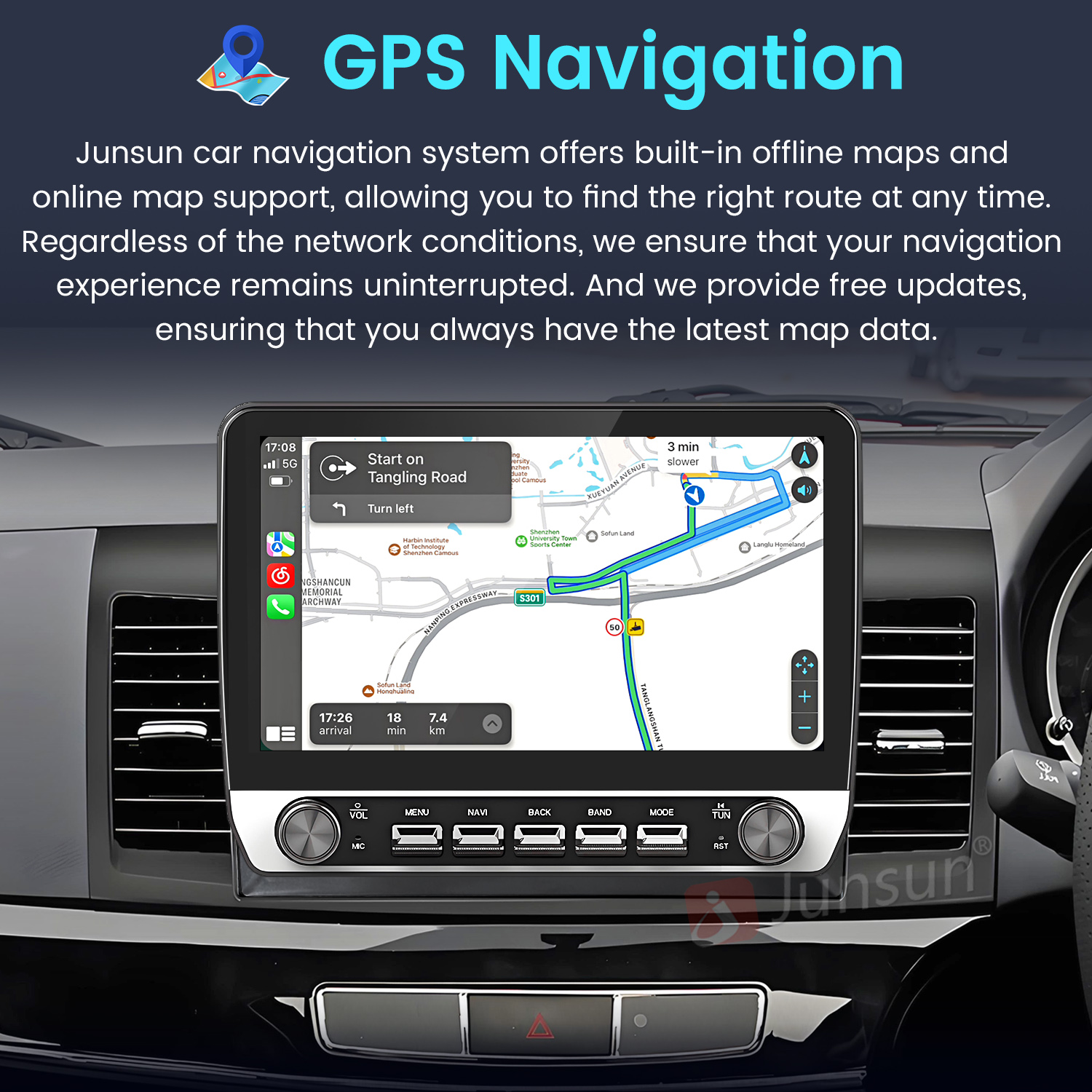 Auto-Navigationssystem zeigt eine Karte mit Routenführung und Ankunftszeit.