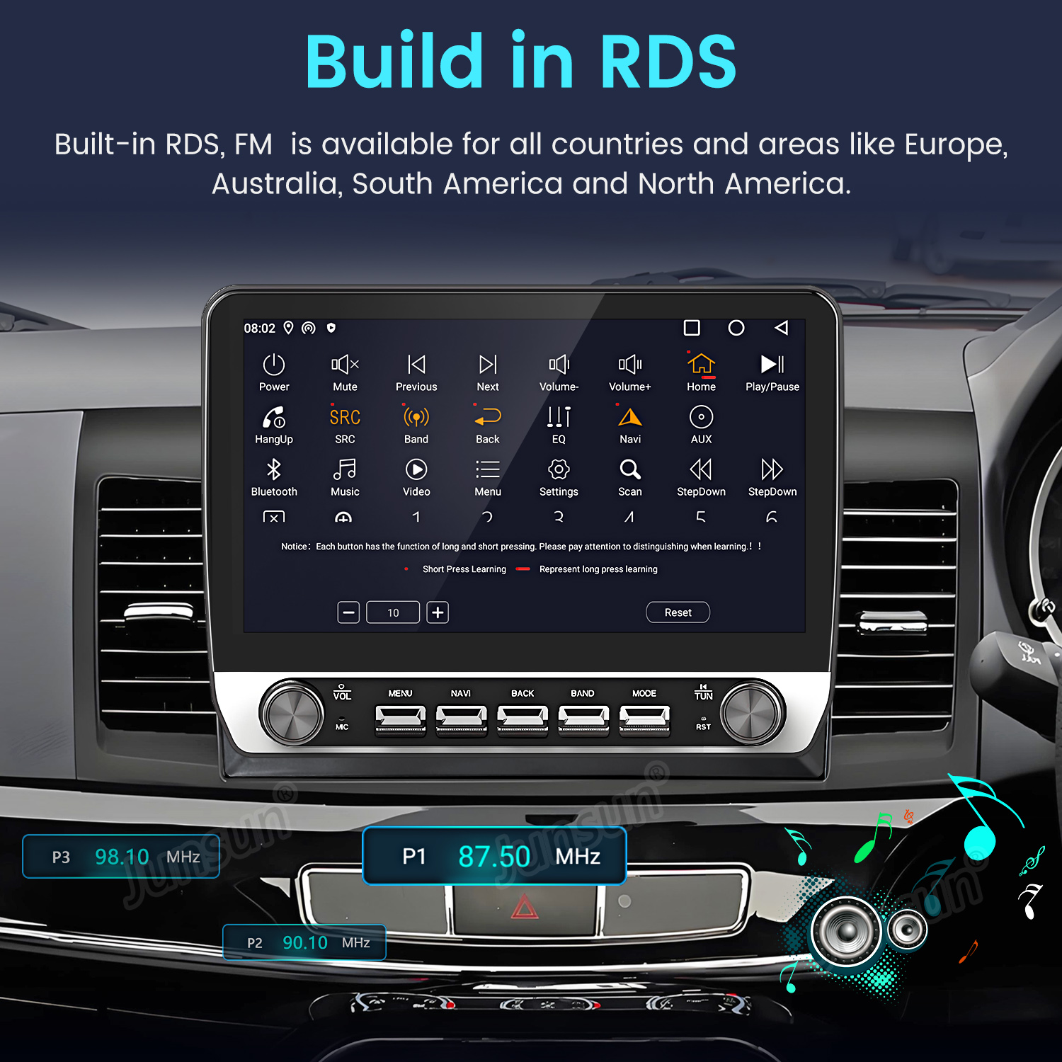 Ein Autoradio-Bildschirm mit Navigations- und Medienoptionen, RDS und FM.