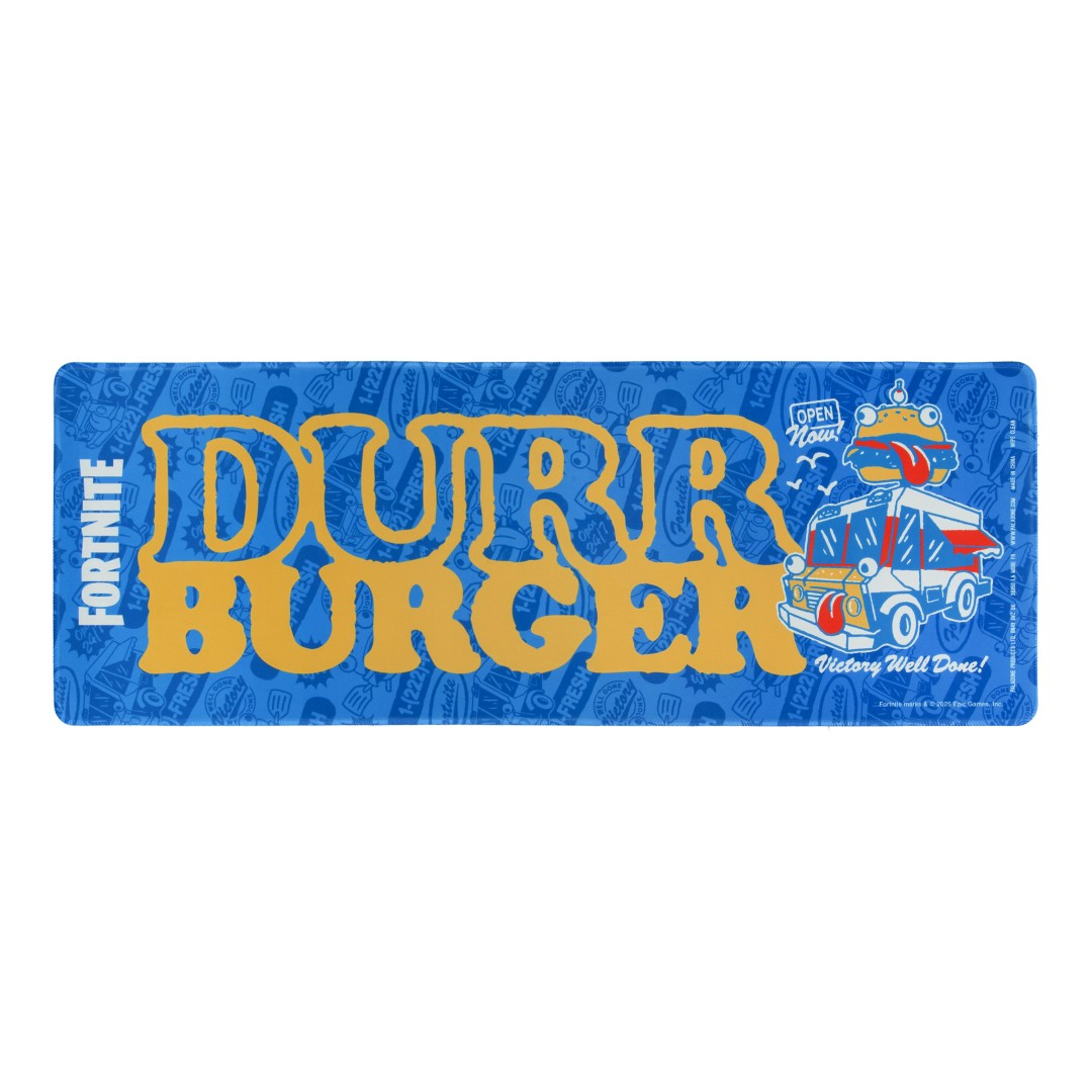Logo Fortnite Durr Burger z food truckiem i burgerem na górze.