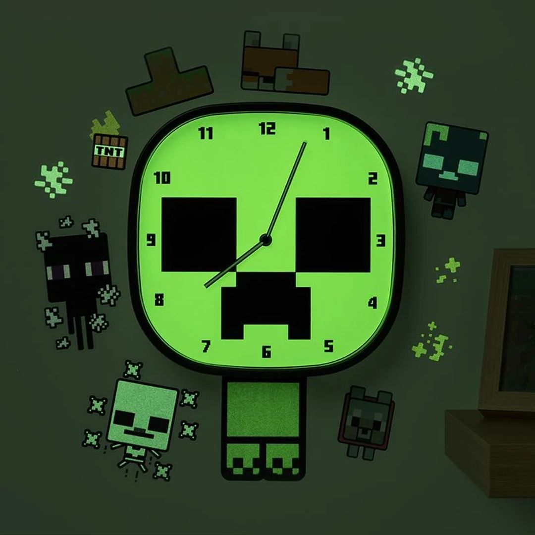 Zegar Minecraft Creeper z różnymi pikselowymi postaciami i TNT wokół.