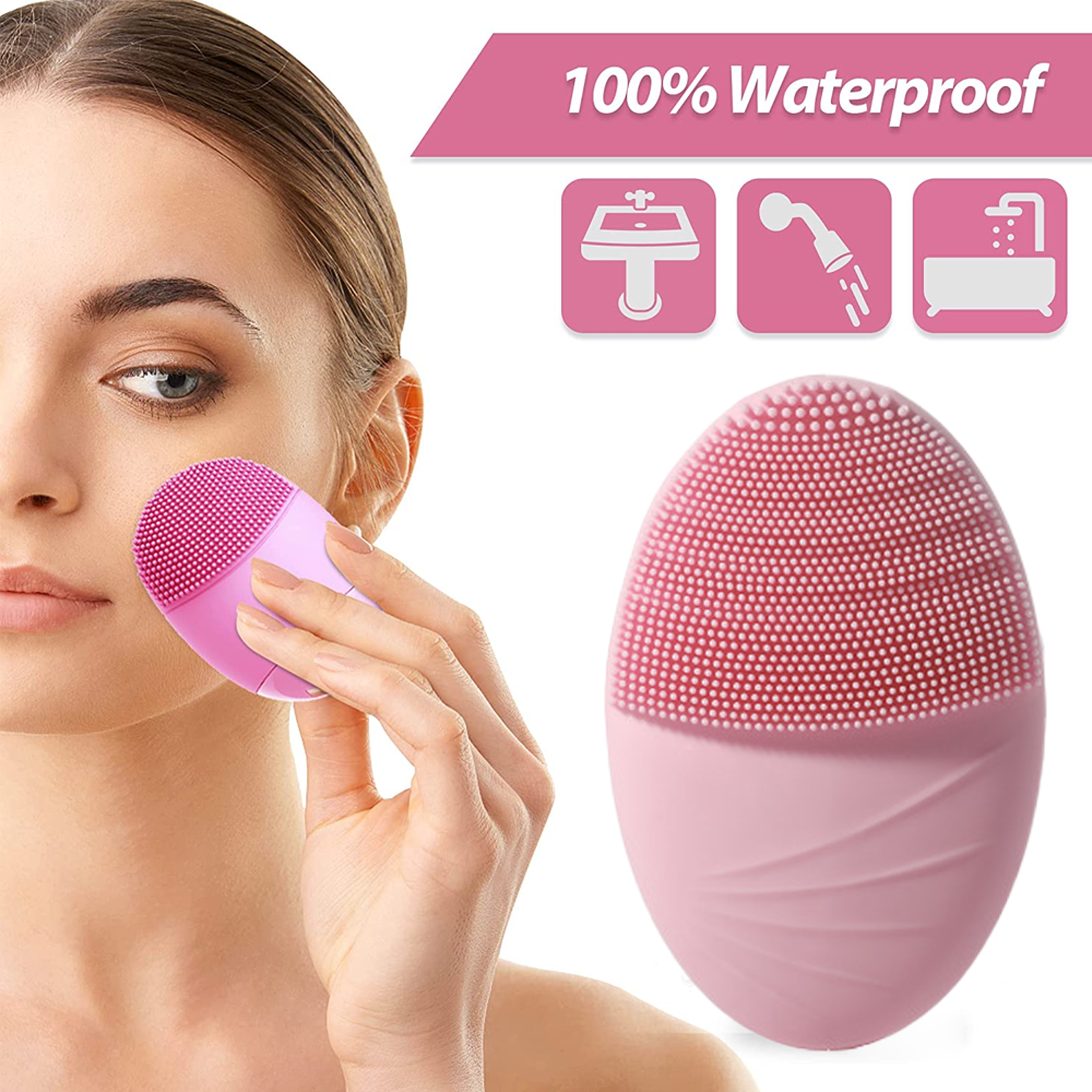 Eine pinke Gesichtsreinigungsbürste wird an die Wange einer Frau gehalten. Produkt ist 100% wasserdicht.