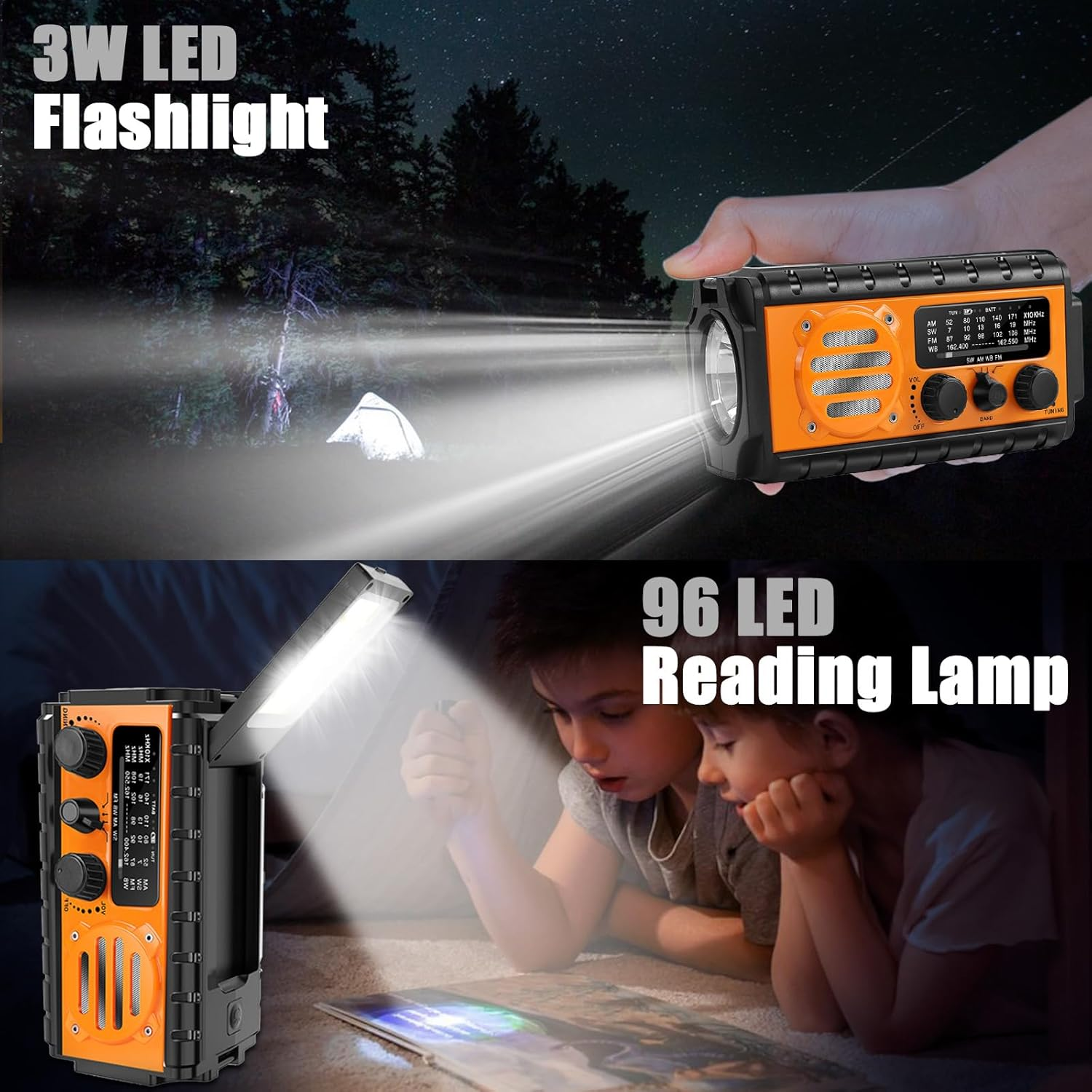 Orange Notfallradio mit Taschenlampe und Leselicht, drinnen und draußen verwendet.