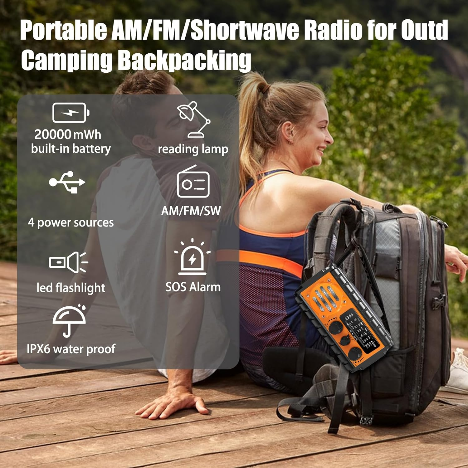 Tragbares AM/FM/SW-Radio mit Taschenlampe, SOS, Akku auf Holzdeck.