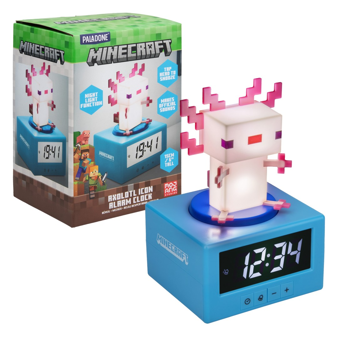 Budzik Minecraft Axolotl z funkcją lampki nocnej i podświetlanym Axolotlem.