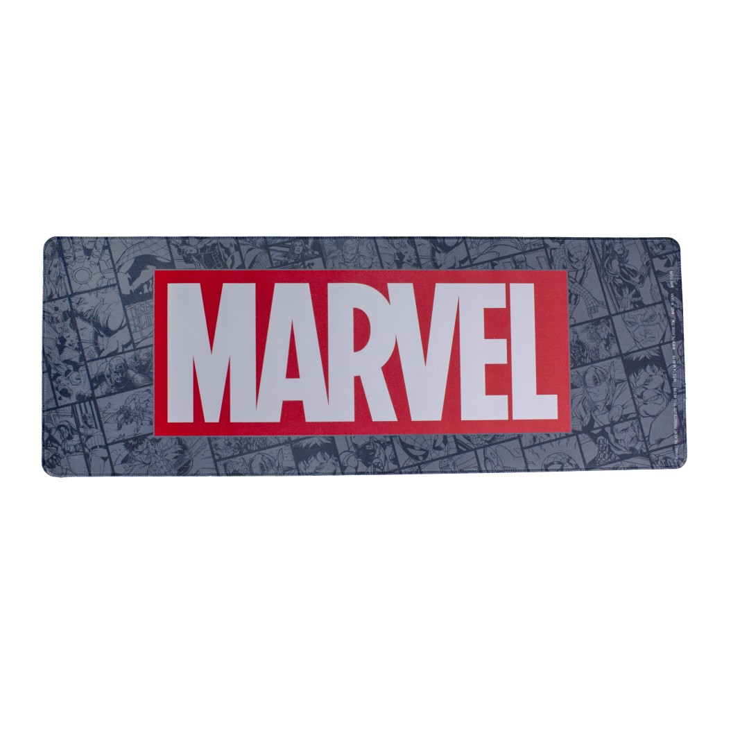 Szara podkładka z kolażem komiksowym i czerwonym logo MARVEL.