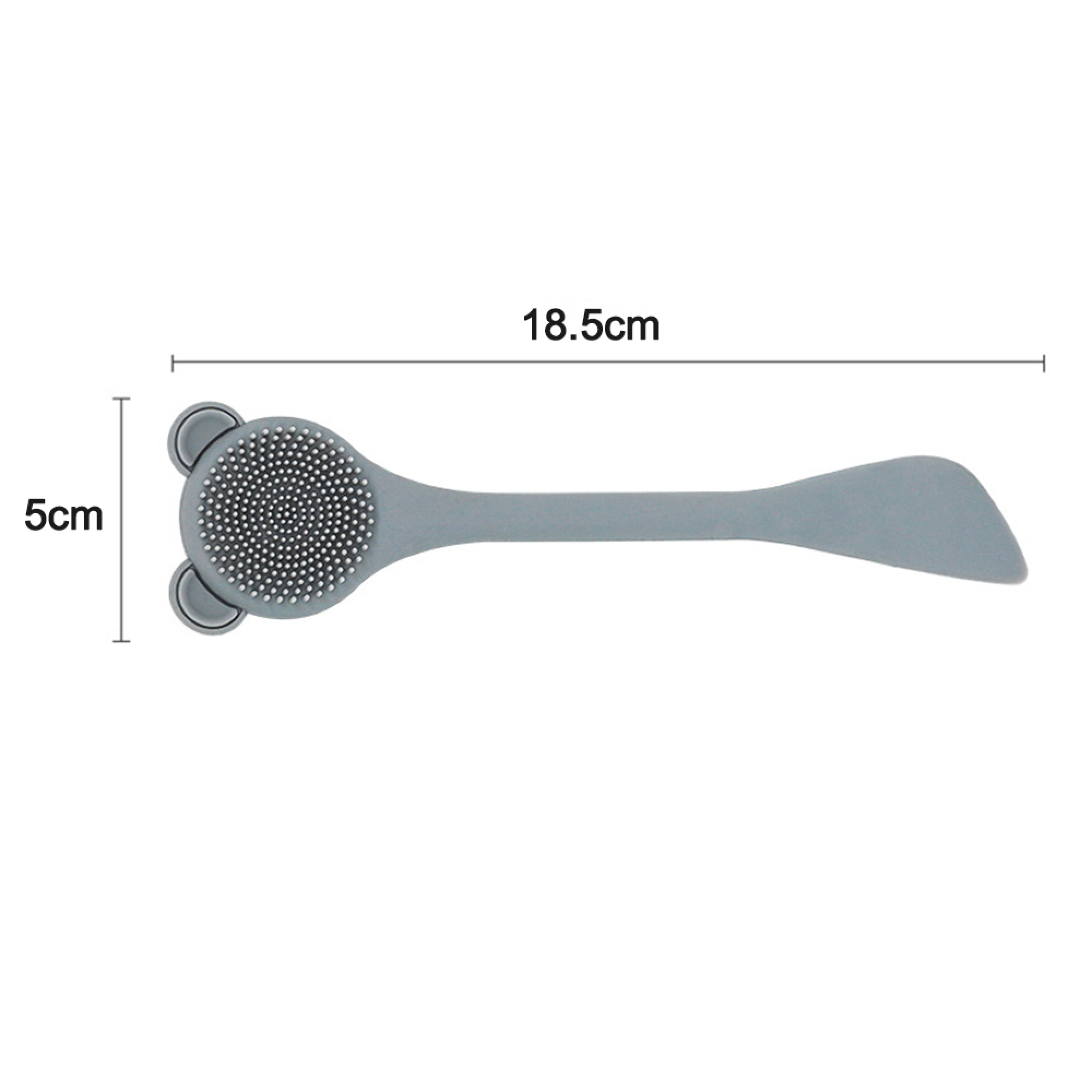 Graues Massagegerät mit Borstenkopf und zwei Ohren, 18,5 cm lang, 5 cm breit.