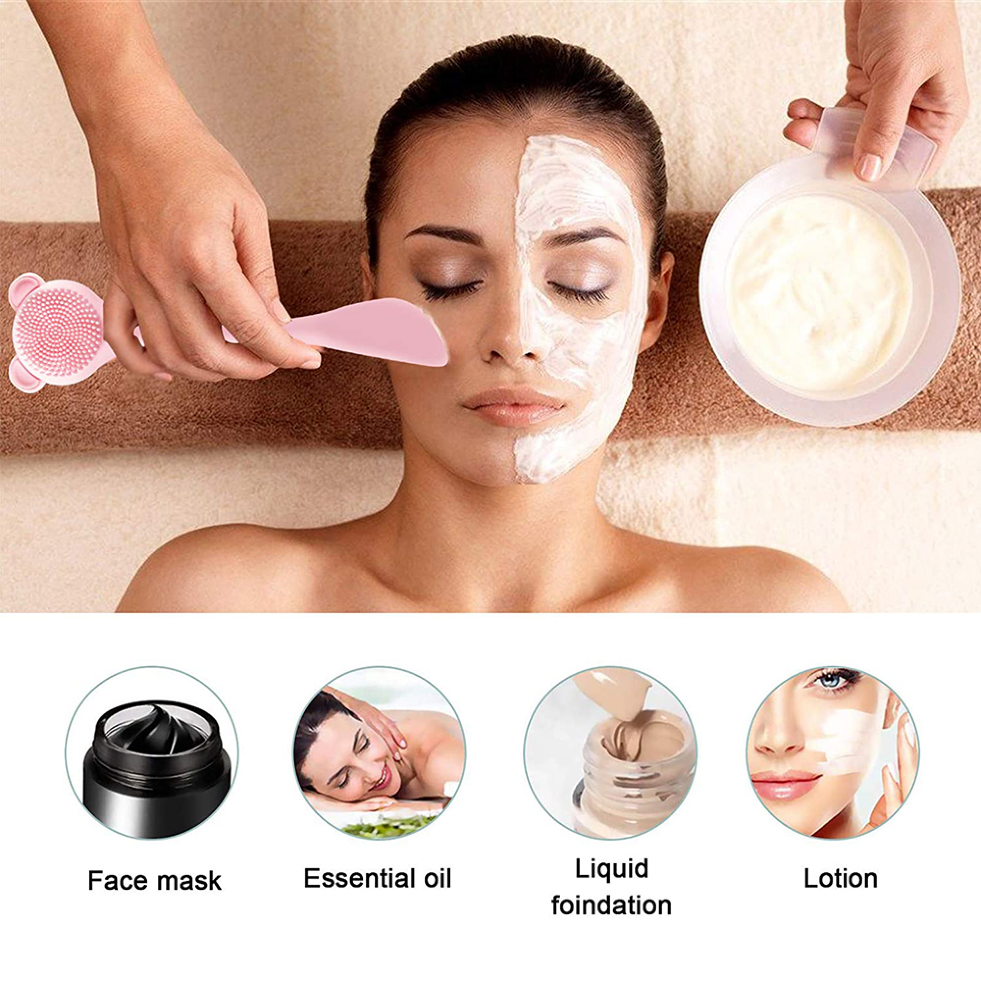 Frau mit Gesichtsmaske und Kosmetikprodukten: Gesichtsmaske, ätherisches Öl, flüssiges Make-up, Lotion.