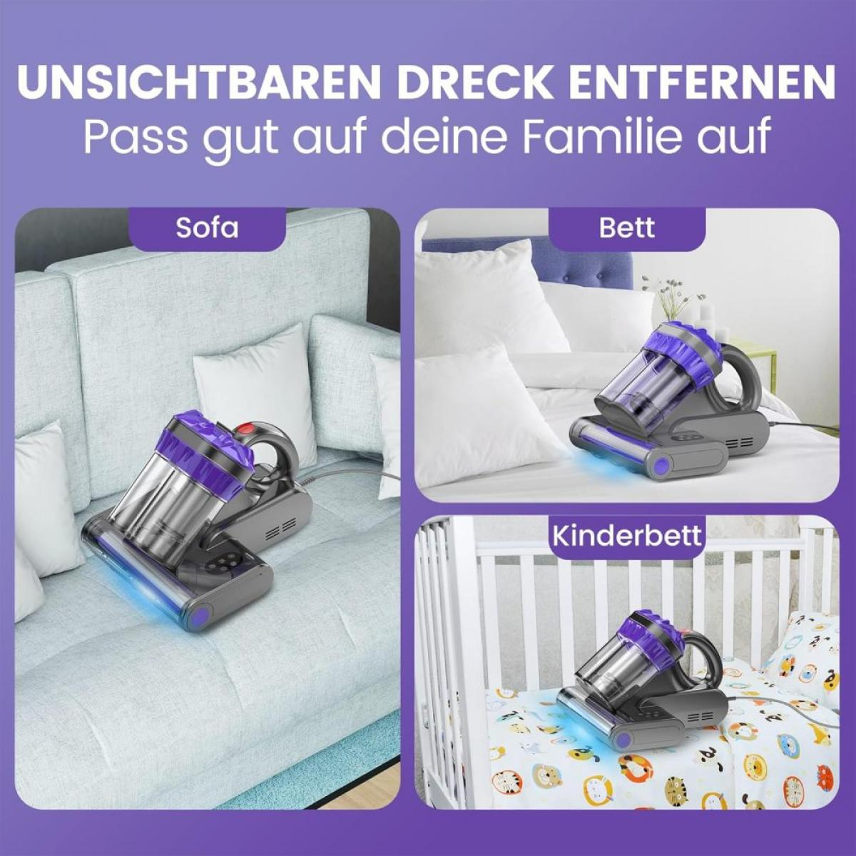 Ein Akku-Staubsauger reinigt Sofa, Bett und Kinderbett.