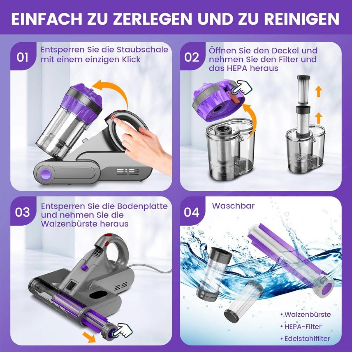 Vier Schritte zur einfachen Demontage und Reinigung eines Staubsaugers, inkl. Zubehör.
