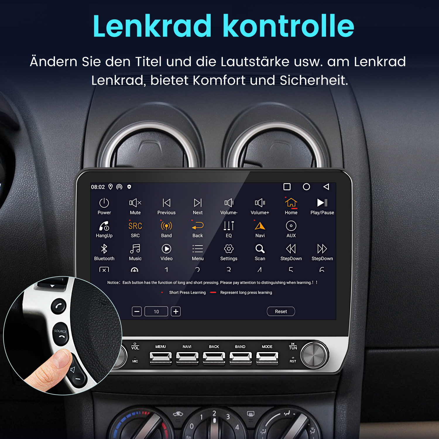 Ein Finger drückt die Lautstärke-Taste am Lenkrad eines Autos.
