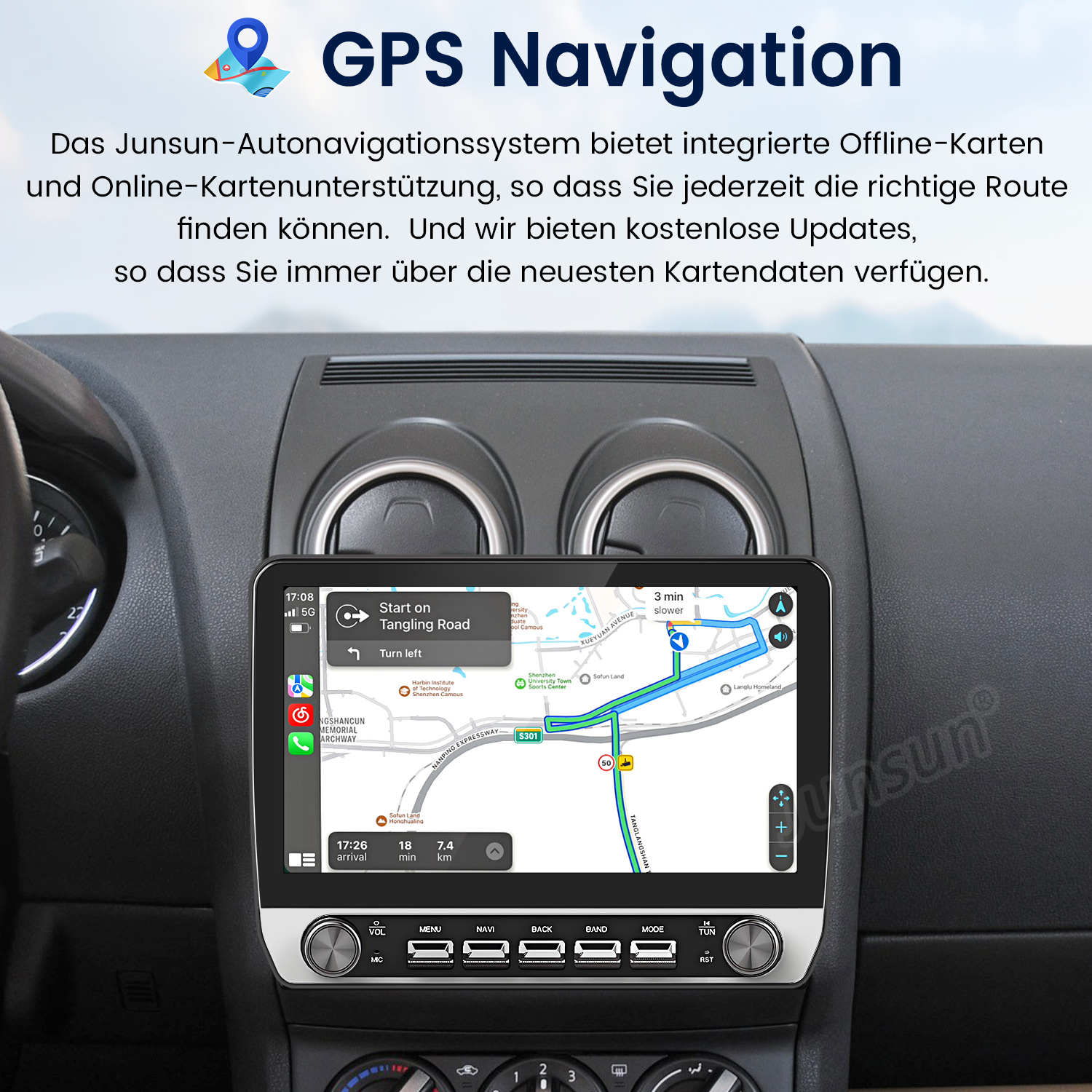Ein Auto-Navigationssystem mit Karte, das die Route anzeigt.