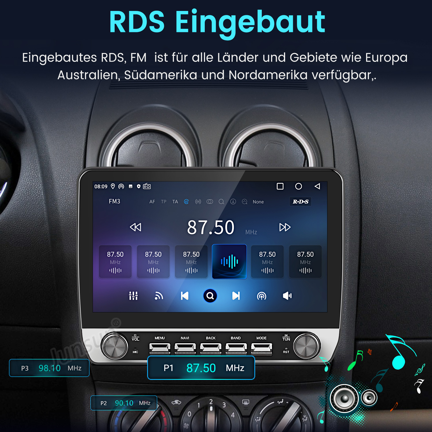 Ein Autoradio-Bildschirm zeigt RDS- und FM-Senderinformationen an.
