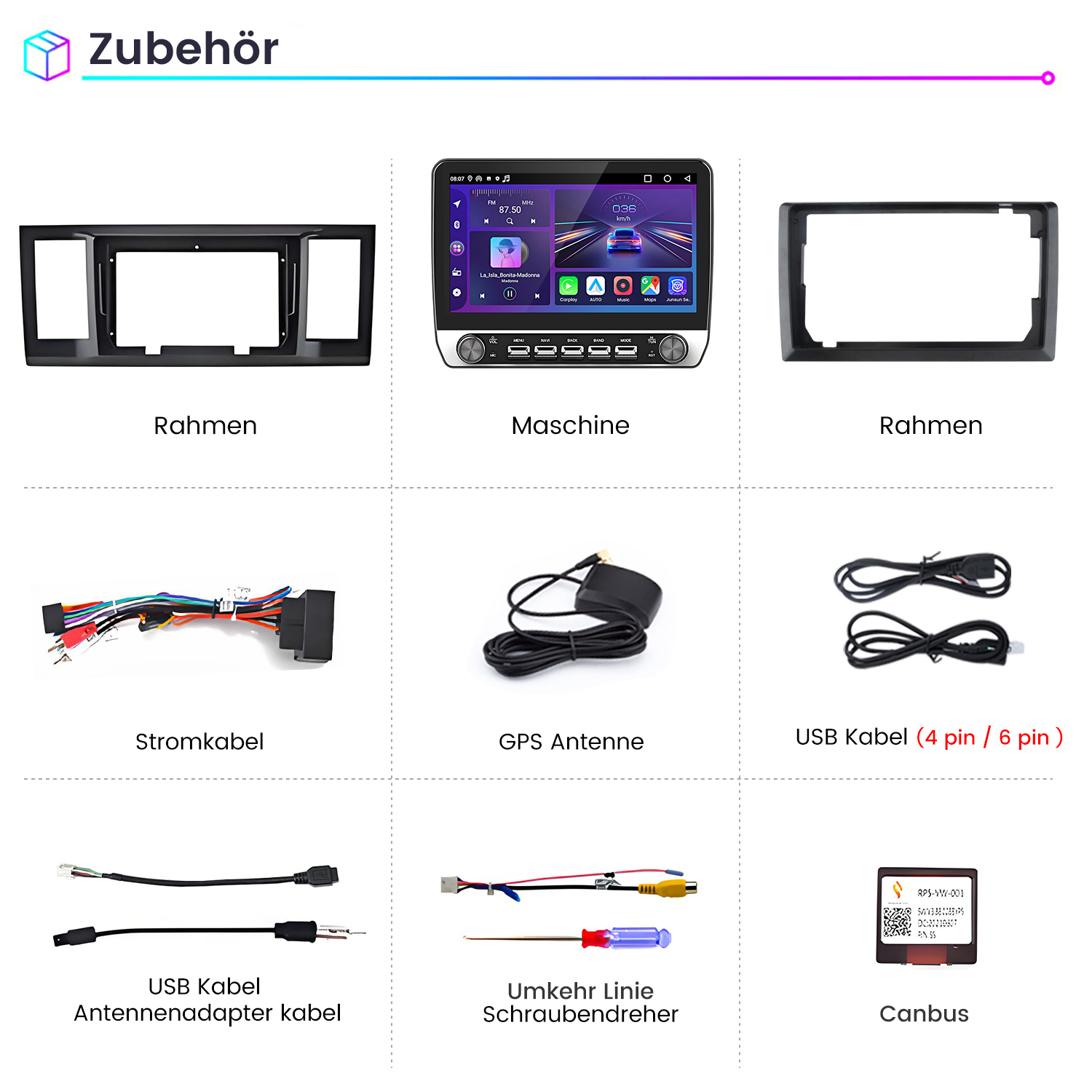 Zubehörteile für ein Autoradio, darunter Rahmen, Kabel, Antenne und Canbus.