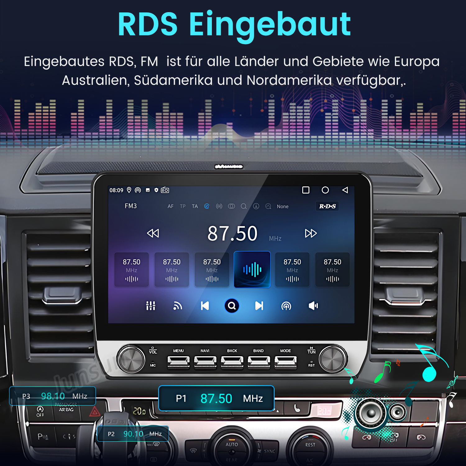 Ein Autoradio-Display zeigt RDS- und FM-Informationen an, mit Frequenzen und Wellenformen.