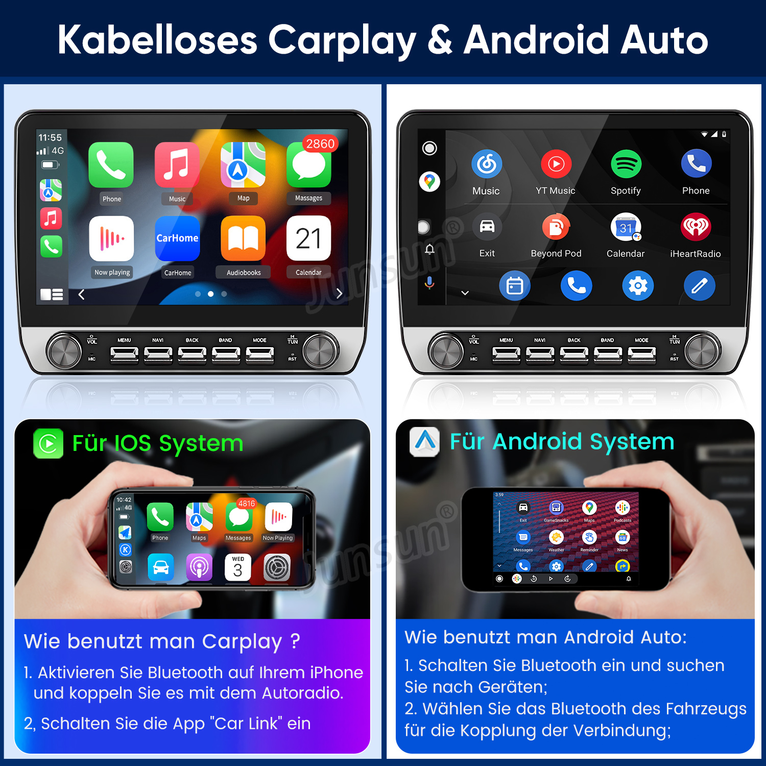 Vier Bildschirme zeigen kabellose Carplay und Android Auto-Schnittstellen.